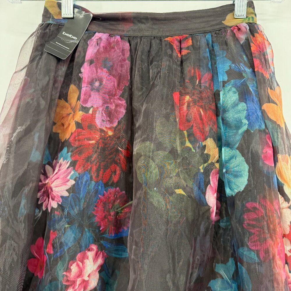 Bebe Floral Mesh Overlay Mini Skirt Skort Women’s Small High Waist Cocktail NWT - Picture 2 of 14
